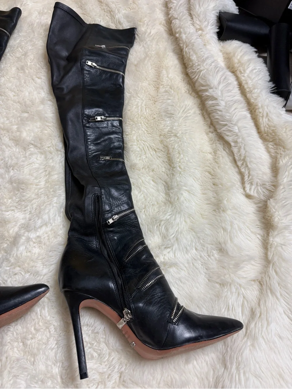 Schutz Black Leather Over-the-Knee Stiletto Boot with Zipper Accents size 6B